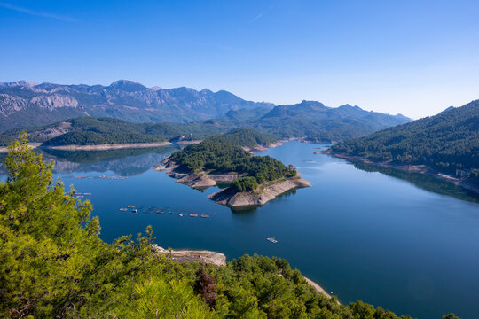 Scenic view of Karacaoren dam , barrage ( Karacaoren Baraj Golu ) from Karadag with Beautiful mountainous scenery with lots of nature, Burdur,Aerial panoramic view of the Karacaoren Dam Lake on the An