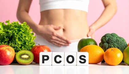 Ovarian Health Concept &mdash; Woman Holding Lower Abdomen with White Letter Cubes Spelling &ldquo;PCOS&rdquo;