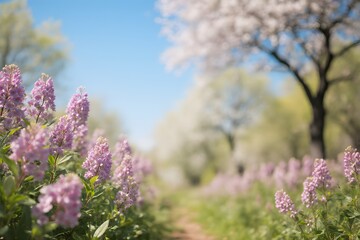 Sunlit blossom path lined with pink spirea flowers and budding trees under bright blue sky