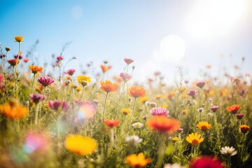 Vibrant cosmos flowers bloom under a bright blue sky on a sunny day
