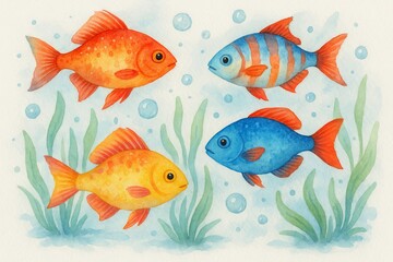 Fototapeta premium Vibrant colorful fish watercolor illustration featuring four brightly colored fish swimming among seaweed and bubbles. concept of marine art, ocean life, aquatic creativity