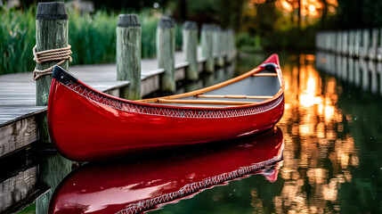 Red canoe mooring on lake dock at sunset