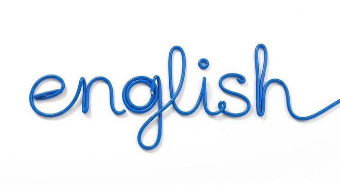 Blue flexible wire spelling out word english in script font. Language learning concept. Education and communication background.