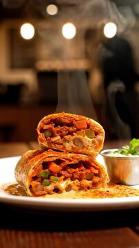 Food wrapped in a tortilla is stacked on a white plate with a side serving of sauce in a restaurant