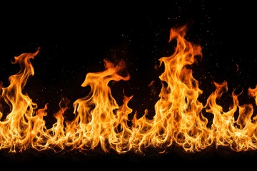 Dramatic fire blaze on black background with sparks adds a sense of intensity and danger