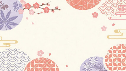 japanese spring background with plum blossoms traditional asian patterns and clouds ideal for cultural events or elegant cards.