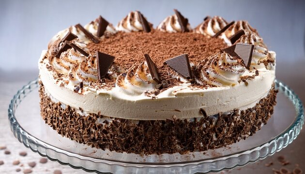 Viennetta Type Ice Cream Cake Whipped Cream With Cocoa And Chocolate Flakes Sliced On A Glass Tray