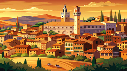 Obraz premium Very beautiful view of Siena’s medieval town square with historic brick buildings, warm earthy tones, and timeless Italian atmosphere reflecting centuries of culture and architectural heritage.