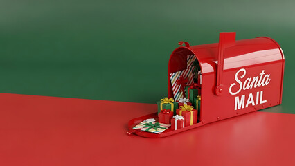 red santa mail christmas mailbox overflowing with festive wrapped presents and a holiday card on a green and red background perfect for seasonal marketing and joyful gift-giving.