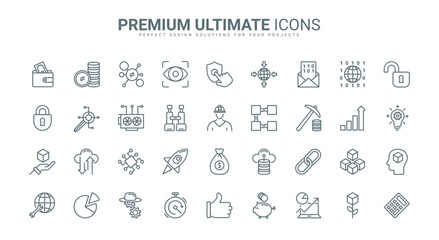 Blockchain, bitcoin thin line icons set vector illustration. Outline crypto money in digital wallet and data mining in network, cryptocurrency exchange, transaction and payment pictogram, cryptography