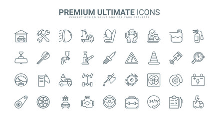 Car maintenance service, workshop garage equipment thin line icons set vector illustration. Outline pictogram of mechanic tools to repair engine and change tires, road safety sign and emergency call