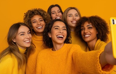 Obraz premium Diverse women laughing and making peace sign while taking selfie with bright background