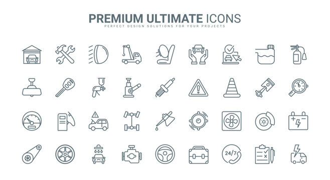 Car maintenance service, workshop garage equipment thin line icons set vector illustration. Outline pictogram of mechanic tools to repair engine and change tires, road safety sign and emergency call