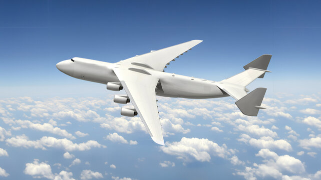 White Airplane Antonov An 225 Mriya the World Largest Cargo Plane with Six Engines Flying Above White Clouds Side View High Angle