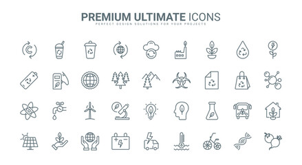 Ecology, green recycle technology and environment thin line icons set vector illustration. Outline eco house and tourism, electric car and bio fuel, climate change, eco consumption and care of nature