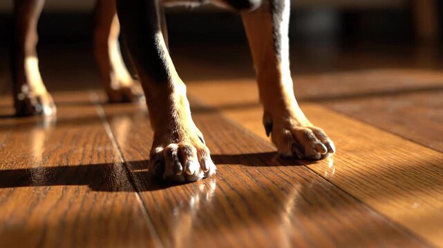 Closeup of a dog's paws resting on sunlit wooden floor.