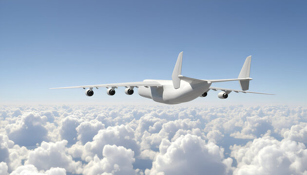 White Airplane Antonov An 225 Mriya the World Largest Cargo Plane with Six Engines Flying Above White Clouds Rear Back View Angle