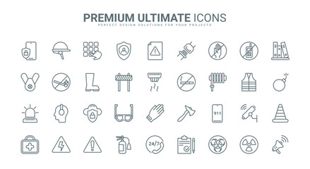 Fototapeta premium Safety, accident and risk for health thin line icons set vector illustration. Outline life protection and care symbols, emergency service in danger disasters, safe insurance shield and support
