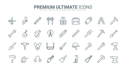 Handymans tools thin line icons set vector illustration. Abstract outline maintenance and repair service, building and carpentry equipment, toolkit and instrument of worker, safety helmet and hardware