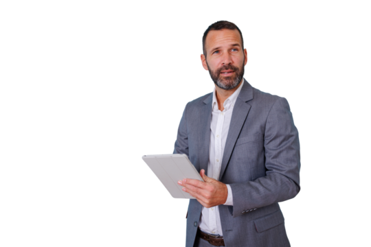 Business professional interacting with a digital tablet on a transparent background, thinking about new ideas - Powered by Adobe