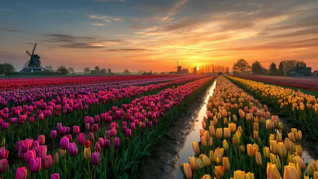 Endless rows of blooming tulips in vibrant colors during golden sunset with traditional windmills representing spring season floral agriculture and Dutch countryside landscape