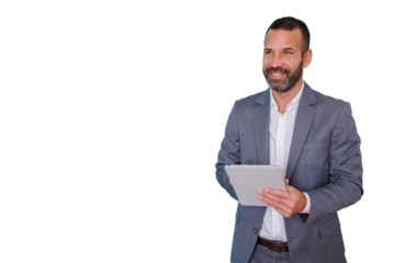 Professional businessman holding tablet looking away and smiling on transparent background, showing success and technology use