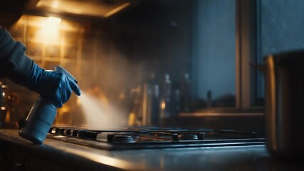 Hand spraying cleaning solution on kitchen stove at home hygiene routine with disinfectant spray household chores cleanliness safety and domestic maintenance concept in warm evening light