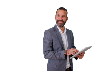Happy businessman using a digital tablet for corporate communication and success on a transparent background