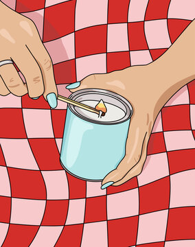 Close Up of Woman's Hand Lighting a Candle with a Burning Wooden Match Isolated on a Wavy Checked Red and Pink Background