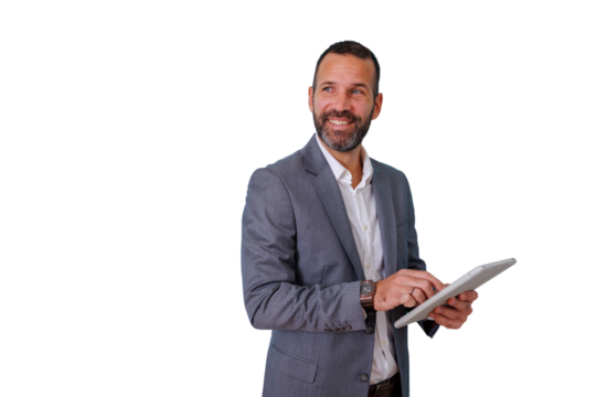 Happy businessman using a digital tablet for corporate communication and success on a transparent background - Powered by Adobe