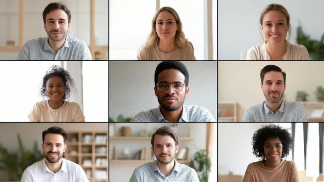 Diverse group of young professionals smiling during a virtual video conference call, each person in their own home office. Modern remote teamwork and digital collaboration concept