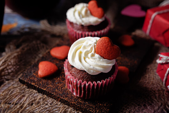 Chocolate cakes with vanilla cream frosting for Valentines day holiday