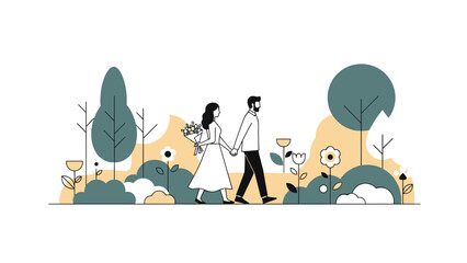 Newlyweds couple walking in park, romantic embrace after wedding ceremony