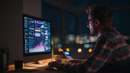 Man analyzing financial data on desktop computer at night focused work with charts graphs and analytics screen remote job business intelligence technology trading research and modern digital workspace - Powered by Adobe