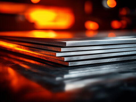 Stack of 2mm stainless steel sheets with reflective surface under studio lighting