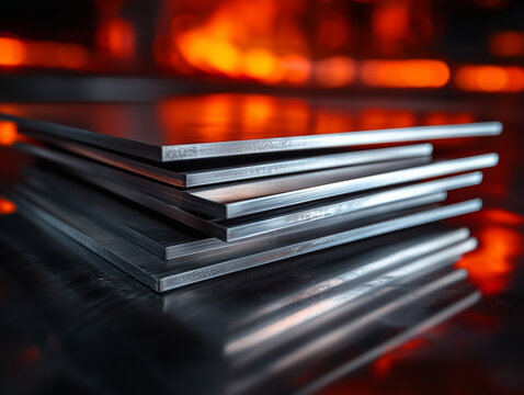 Stack of 2mm stainless steel sheets with reflective surface under studio lighting
