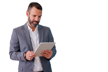 Business man in suit using digital tablet, browsing data and managing professional tasks with transparent background
