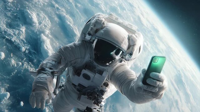 Space astronaut taking selfie with mobile phone during orbital mission above Earth illustrating future technology exploration curiosity and digital era vision