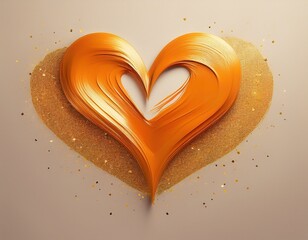 minimal and modern abstract heart shape with an orange brush stroke and a streak of gold glitter on a clean beige background conveying artistic simplicity