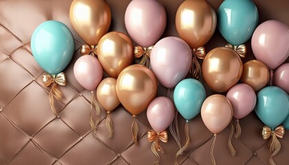pastel 3d rendered balloons with gold trim and bows on a textured leather background suitable for elegant party invitations birthday backdrops sweet luxury branding and celebration greeting cards