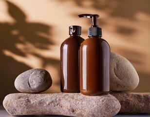 dark brown pump shampoo mock up bottle placed on row stone with shadow ai