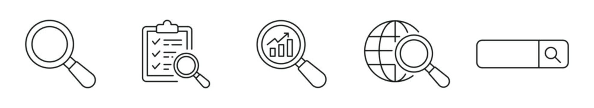 Search and Analysis Icon Set, Data Research, Information Review, Business Analytics, Global Search and Content Discovery Concept, Vector Illustration