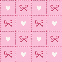 Seamless coquette frame pattern with hearts and bows for Valentine's Day