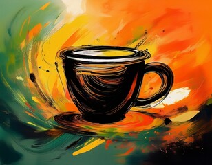 artistic abstract background featuring a black sketch of a coffee cup contrasted with a large vibrant orange brush stroke and green yellow gradient texture
