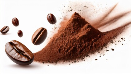 close up of coco powder and bark coffee beans flying on isolated background ai