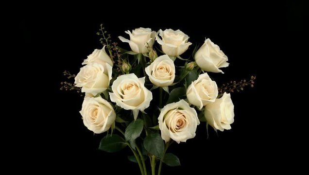 slow motion 4K rotation of blossoming bouquet of white roses against dark background emphasizing soft petals noir aes tic and elegance suitable for floral lifestyle and romantic stock