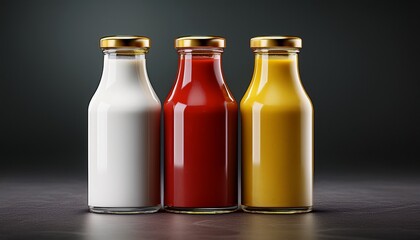 ketchup mustard and white sauce in glass bottles mockup ai