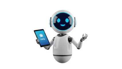 Cute Professional 3D Robot Assistant Holding Tablet Isolated on Transparent Background PNG

