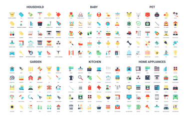 Colorful set of 180 simple flat icons for household, baby, pet, garden, kitchen, and home appliances perfect for web, apps, infographics, and presentations isolated vector illustration