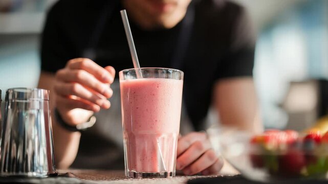 A person stirs a fresh strawberry smoothie in a tall glass, focusing on the creamy texture and vibrant color. The scene captures a healthy lifestyle and modern nutrition trends